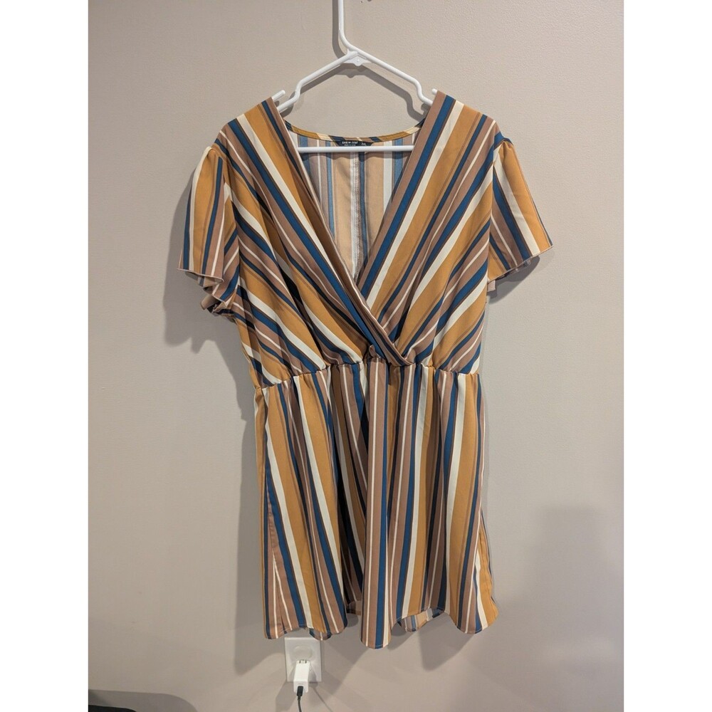 2xl Shein Curve Blue Vertical Stripe Elastic Waist Casual Dress Summer Office